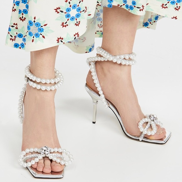 MACH & MACH Pearl Bow Square Toe Sandals in Silver Leather - Picture 3 of 14